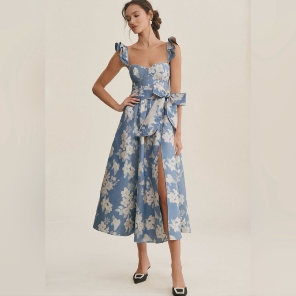 V. Chapman Blue Floral Midi Dress with Ruffle Straps